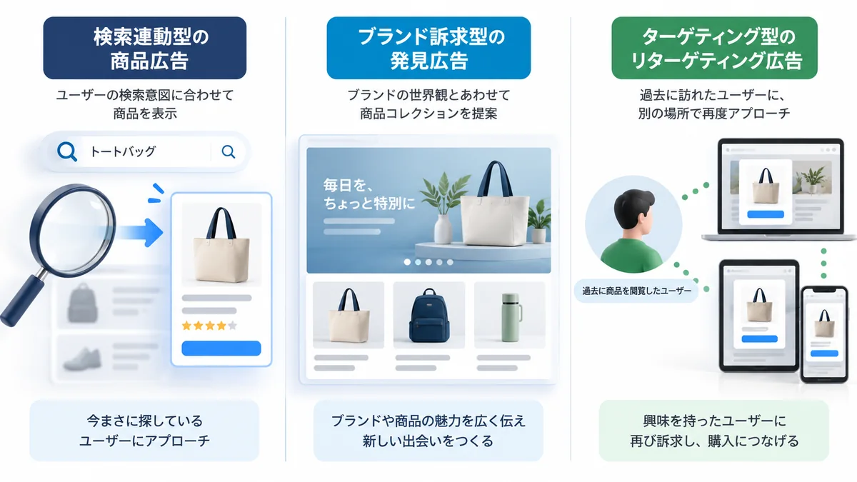 Amazon広告の主な3種類と役割を示す図解